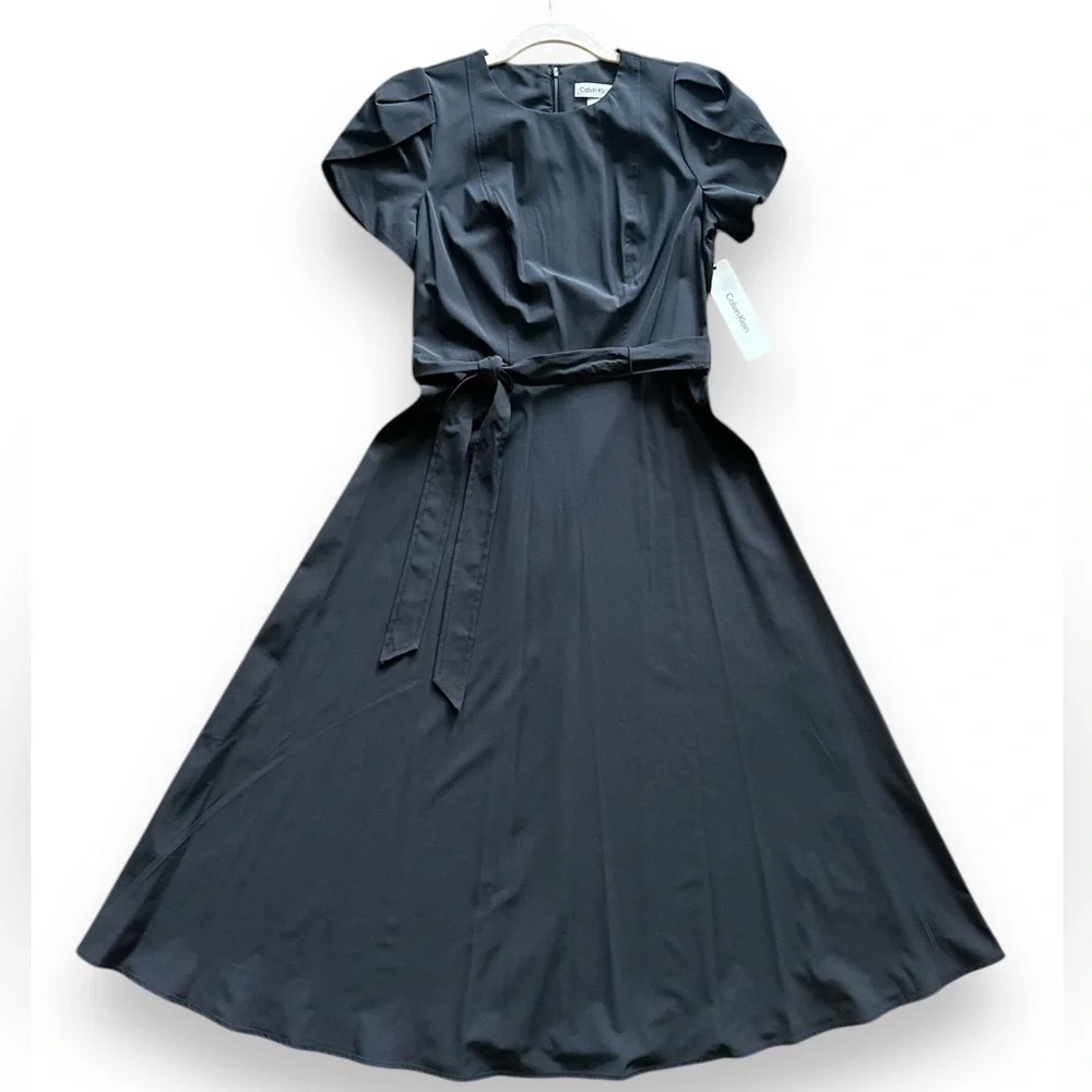 Calvin Klein Tulip Short Sleeve A-Line Midi Dress Black dress Business casual - Picture 10 of 14